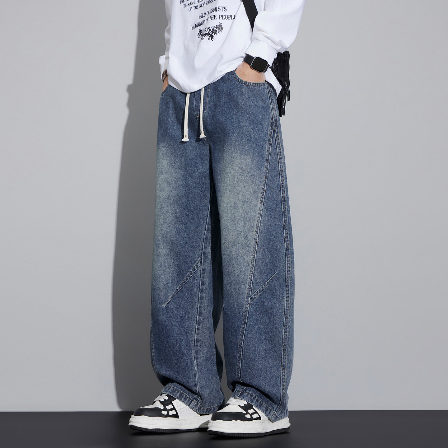 美式弯刀牛仔裤男宽松系带阔腿直筒裤潮牌休闲长裤NZ6661-特P53，男装牛仔裤，电商A076