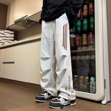 美式机能风条纹直筒裤男宽松休闲裤黑色潮牌运动裤K817-特P36，女装休闲裤，电商A076