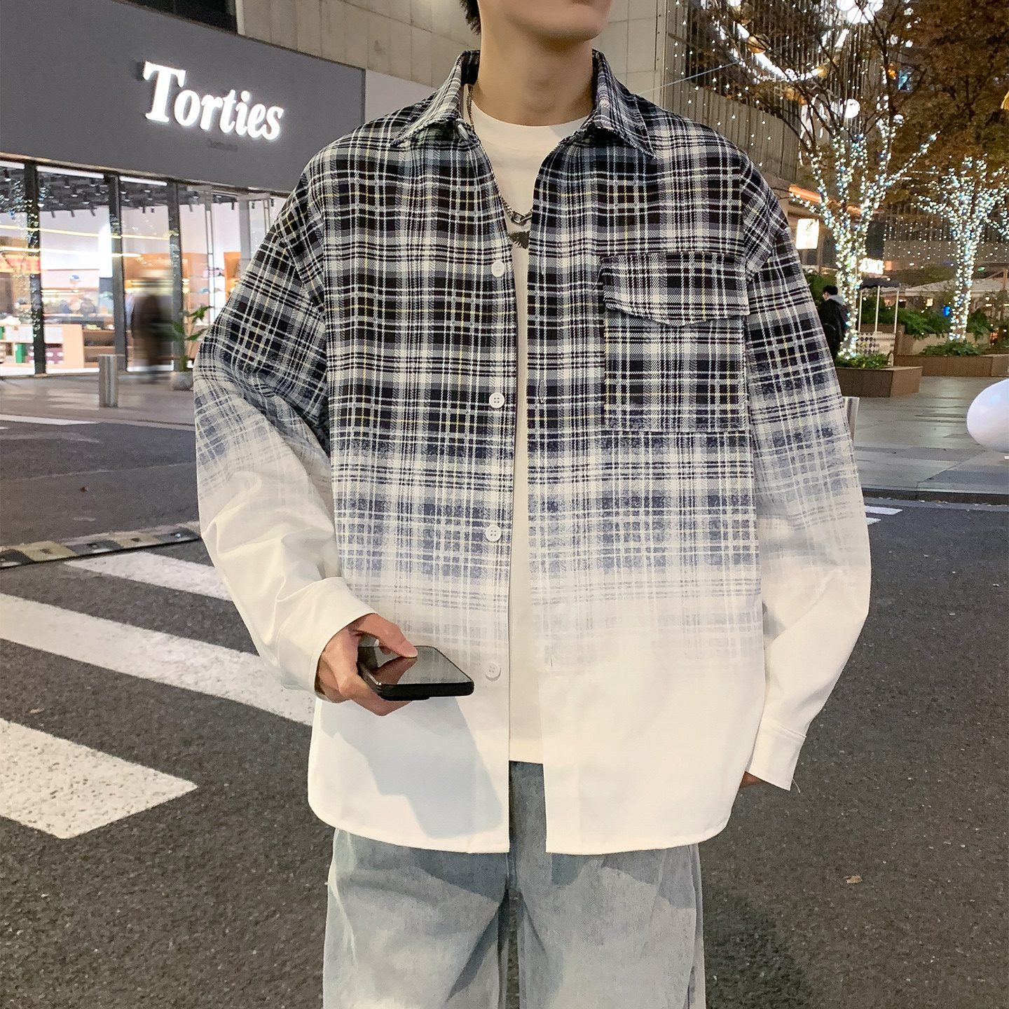 渐变色格子衬衫男士宽松休闲翻领oversize设计感衬衣WY5509-特P58,男装衬衫,电商A076