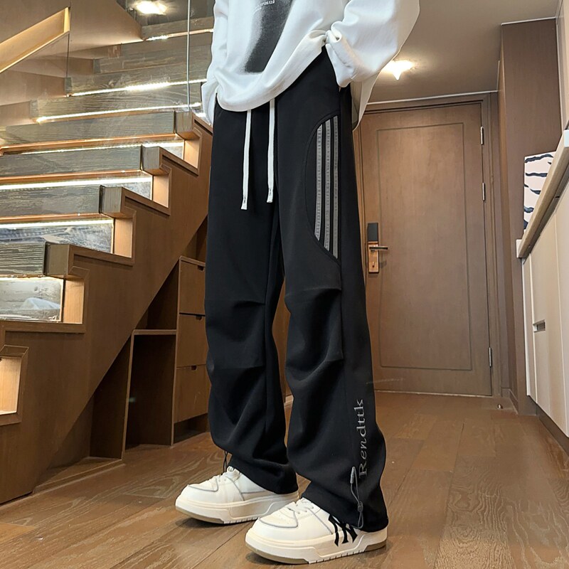 美式机能风条纹直筒裤男宽松休闲裤黑色潮牌运动裤K817-特P36,女装休闲裤,电商A076
