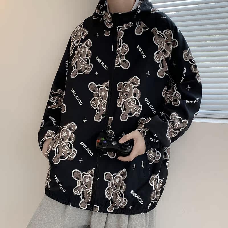情侣装外套男女秋季印花连帽休闲夹克中性风港风模特12J图片