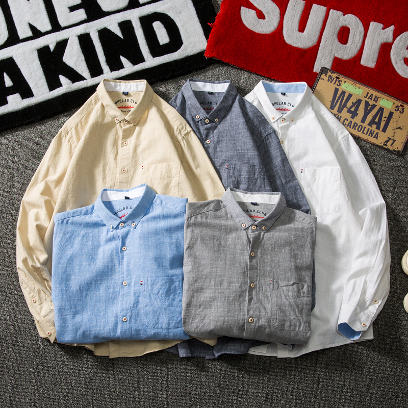 Japanese work clothes cotton linen shirt cotton 80% LINEN 20% Long Sleeve Shirt Men's top