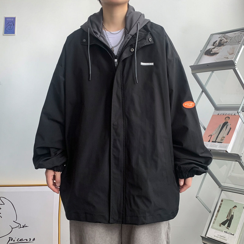 假两件连帽工装外套港风中性风宽松夹克ins新款7J图片