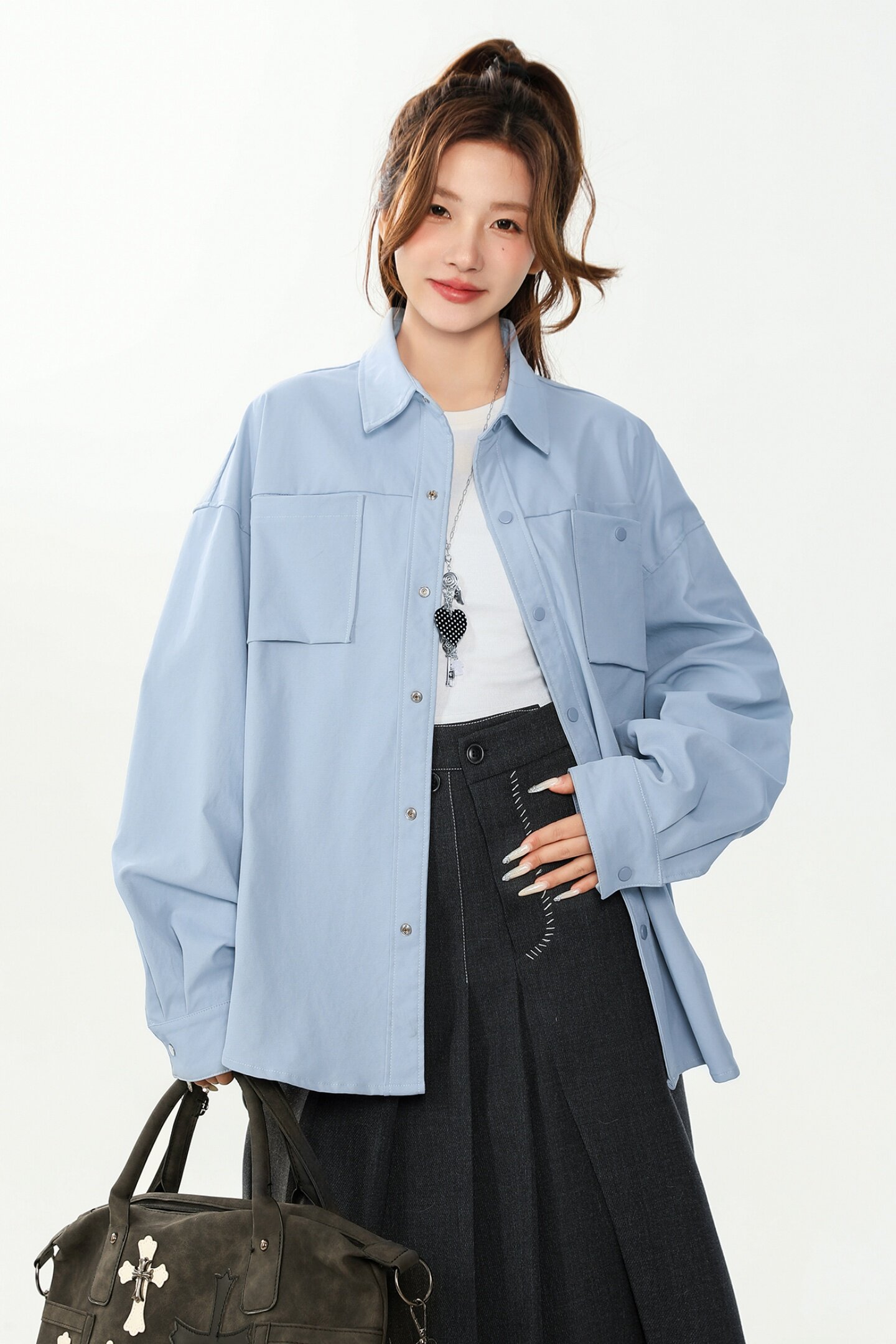 通勤风长袖衬衫女宽松翻领蓝色衬衣透气亲肤耐磨上衣26020-特P55,男装衬衫,电商A076