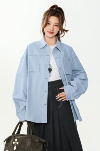 通勤风长袖衬衫女宽松翻领蓝色衬衣透气亲肤耐磨上衣26020-特P55图片