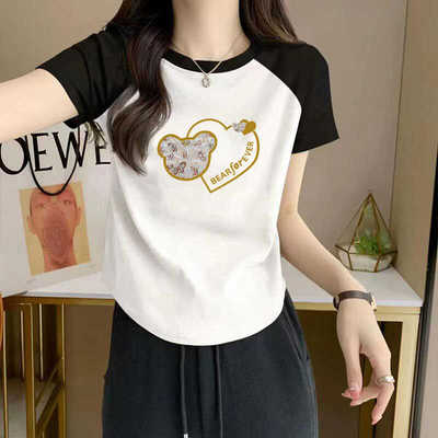 螺纹棉短袖t恤女宽松大码夏季新款弧形下摆插肩袖百搭体恤上衣潮