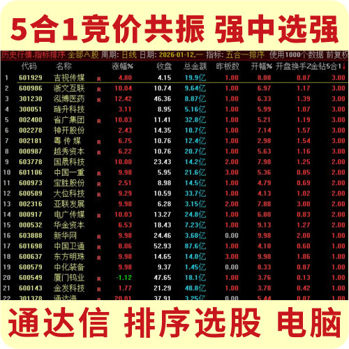 5合1共振强中选强竞价排序指标
