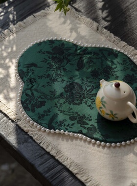 织锦锻绿色海棠茶席新中式禅意双面隔热垫子精致一人茶席桌布桌旗