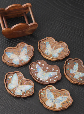 中式国潮风胡桃木手工螺钿蝴蝶茶杯垫防烫隔热壶承茶壶垫杯托茶托