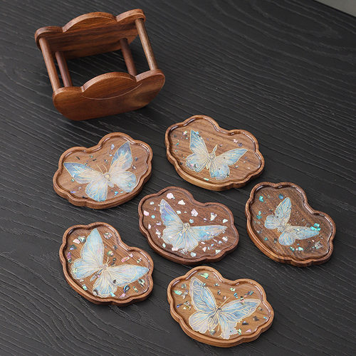 中式国潮风胡桃木手工螺钿茶杯垫