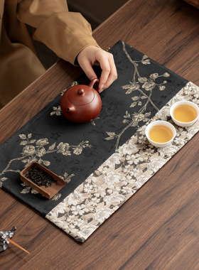 织锦缎刺绣白梅干炮台茶席隔热垫布艺壶承杯垫中式复古禅意桌旗垫