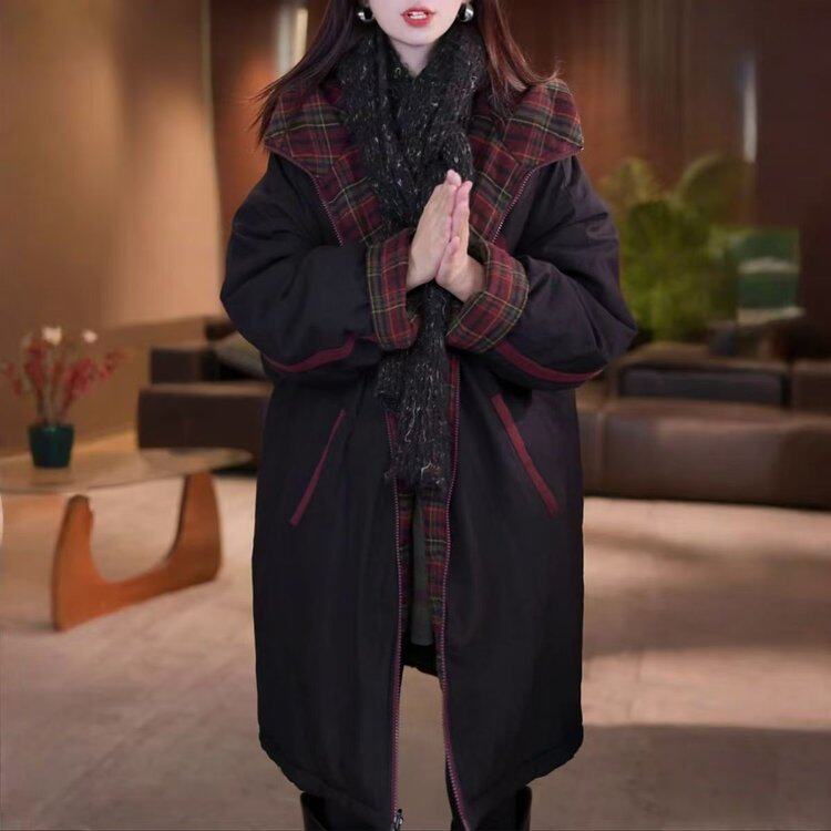 时尚简约双面穿连帽棉服女秋冬新款洋气撞色设计感中长款棉衣外套