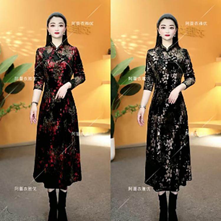 气质丝绒烫金改良旗袍裙连衣裙女春款时尚优雅中长款妈妈装长裙