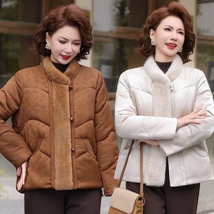 新中式妈妈冬装国风羽绒棉服冬季新款中老年女毛领加厚保暖棉袄