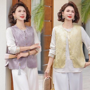 新中式马甲衬衣两件套春秋新款女无袖坎肩上衣国风刺绣马甲背心