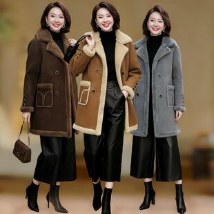 冬季新款时尚皮毛一体双排扣翻领中长款外套女款加绒加厚保暖大衣