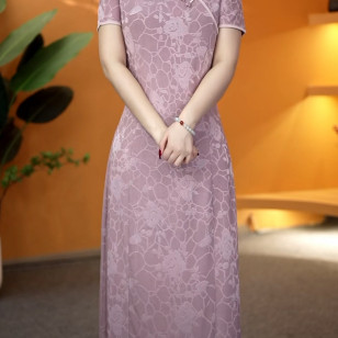 妈妈夏季短袖旗袍中长款连衣裙中年女中式旗袍中国风提花过膝长裙