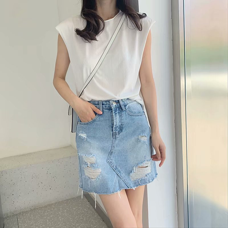 2019 Korean Edition Self cultivation Show thin hole cowboy skirt wathet Flash hole A word skirtin the Women's clothing/Boutique , Skirts  category - from Buy2taobao.com to provide professional Taobao agent buy service