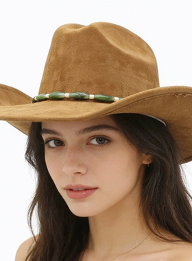 大沿麂皮绒翘边西部牛仔帽男女士户外卷檐民族风礼帽毡帽