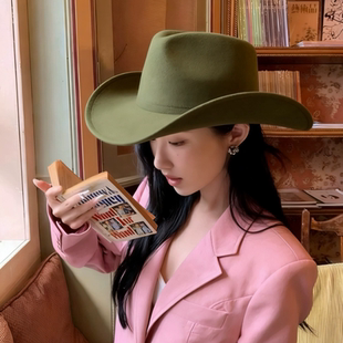 西部牛仔礼帽卷檐复古骑马帽子男女毛呢毡帽 Western Cowboy Hat