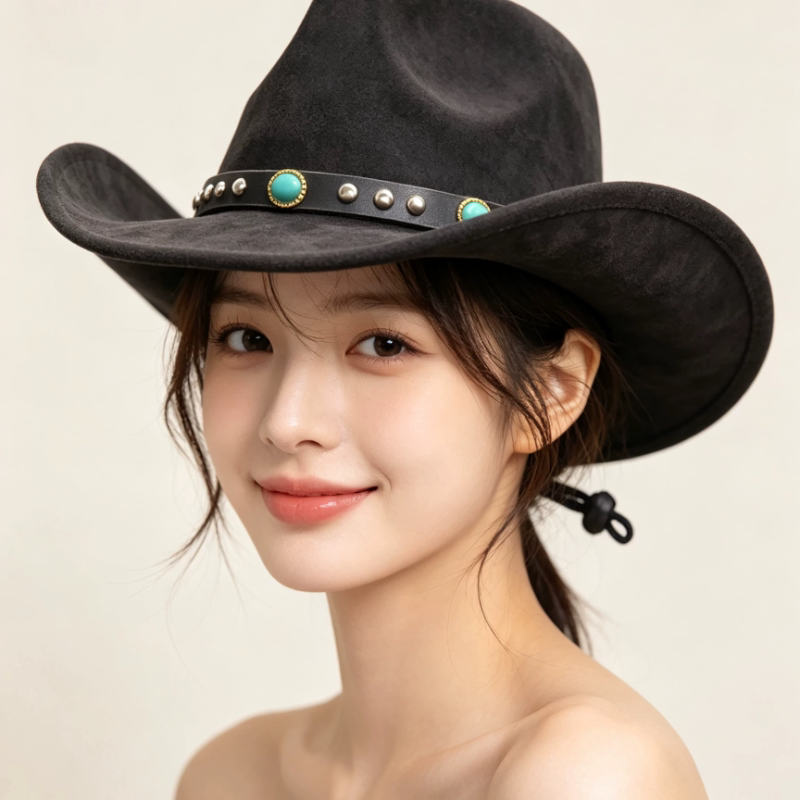 秋冬麂皮绒爵士帽子女法式皮带巴拿马礼帽卷边复古西部牛仔帽男