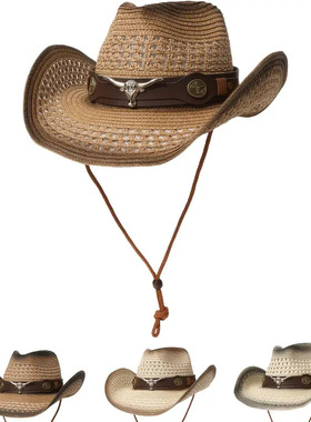 跨境爆款欧美牛仔草帽时尚镂空户外帽子大头围沙滩出游遮阳防晒帽