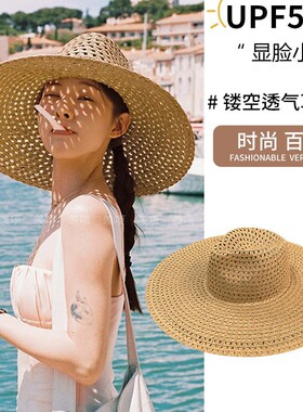 大帽檐镂空透气草帽女款英伦复古夏季防晒遮阳帽子海边度假沙滩帽
