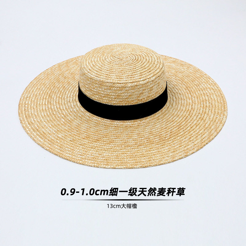 麦秸秆平顶草帽女夏大帽檐时尚帽子草编海边度假沙滩编织平沿礼帽