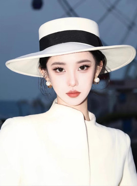 爵士秋冬平顶新款毛呢英伦大檐女士复古毡帽防晒百搭法式帽子