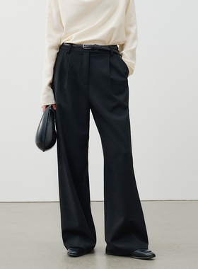 NextWeekend「回廊」通勤秋冬垂感阔腿高腰羊毛阔腿黑色百搭西裤