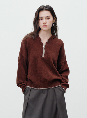 Next Weekend「松木」短款连帽拉链套头羊毛毛衣