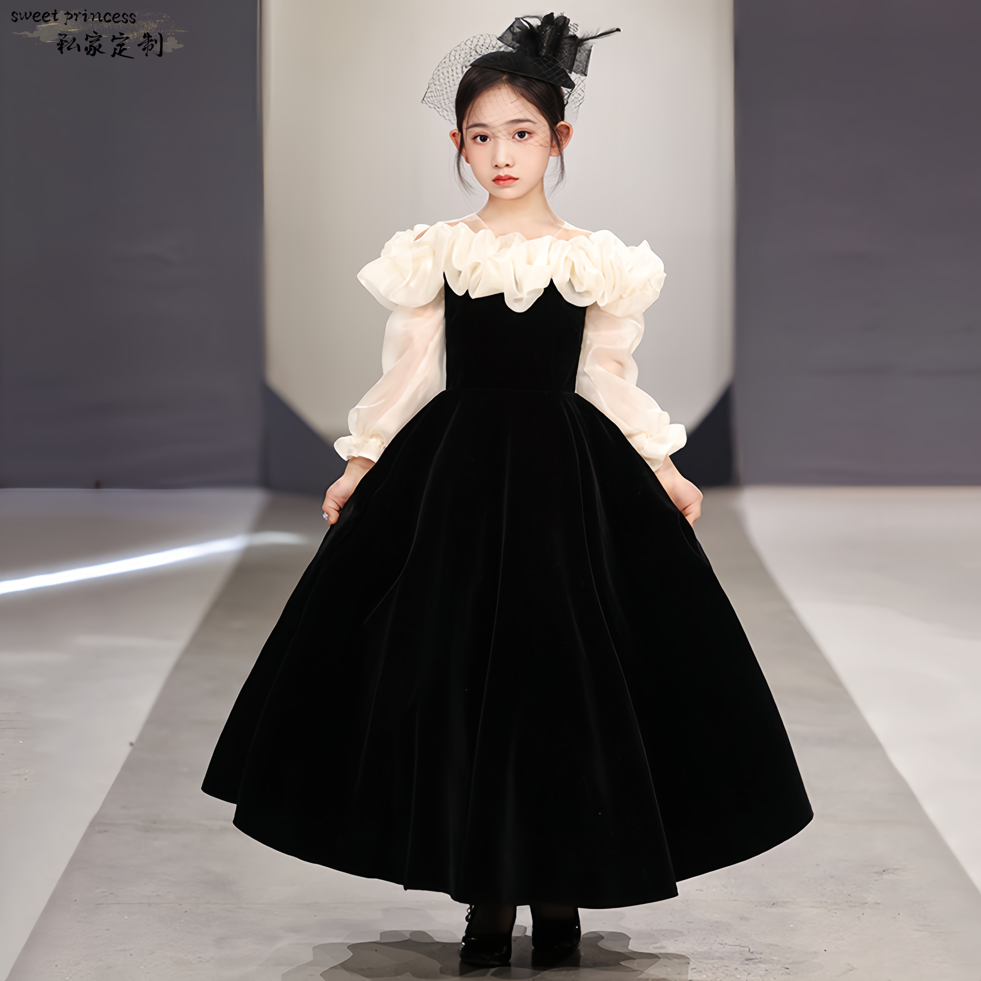 黑色儿童礼服裙女童赫本风走秀