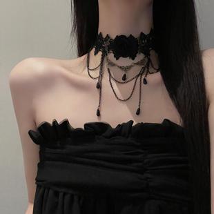 黑色蕾丝脖子配饰装饰项链女项圈流苏吊坠玫瑰花颈带choker暗黑系