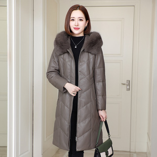 憨厚100%绵羊皮狐狸毛领连帽鹅绒皮羽绒服中长款真皮皮衣外套女