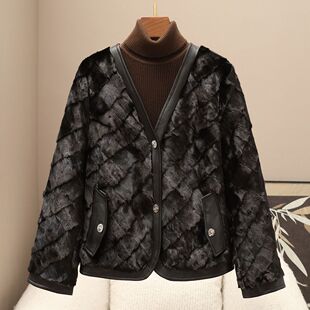 上衣时尚 裘皮开衫 显瘦 水貂毛外套女气质V领拼貂皮草冬季 2025新款