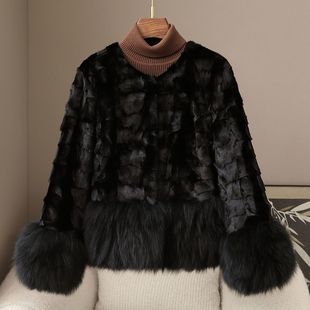 圆领水貂皮草上衣皮毛一体 拼貂狐狸毛外套2025年冬季 海宁新款 女式