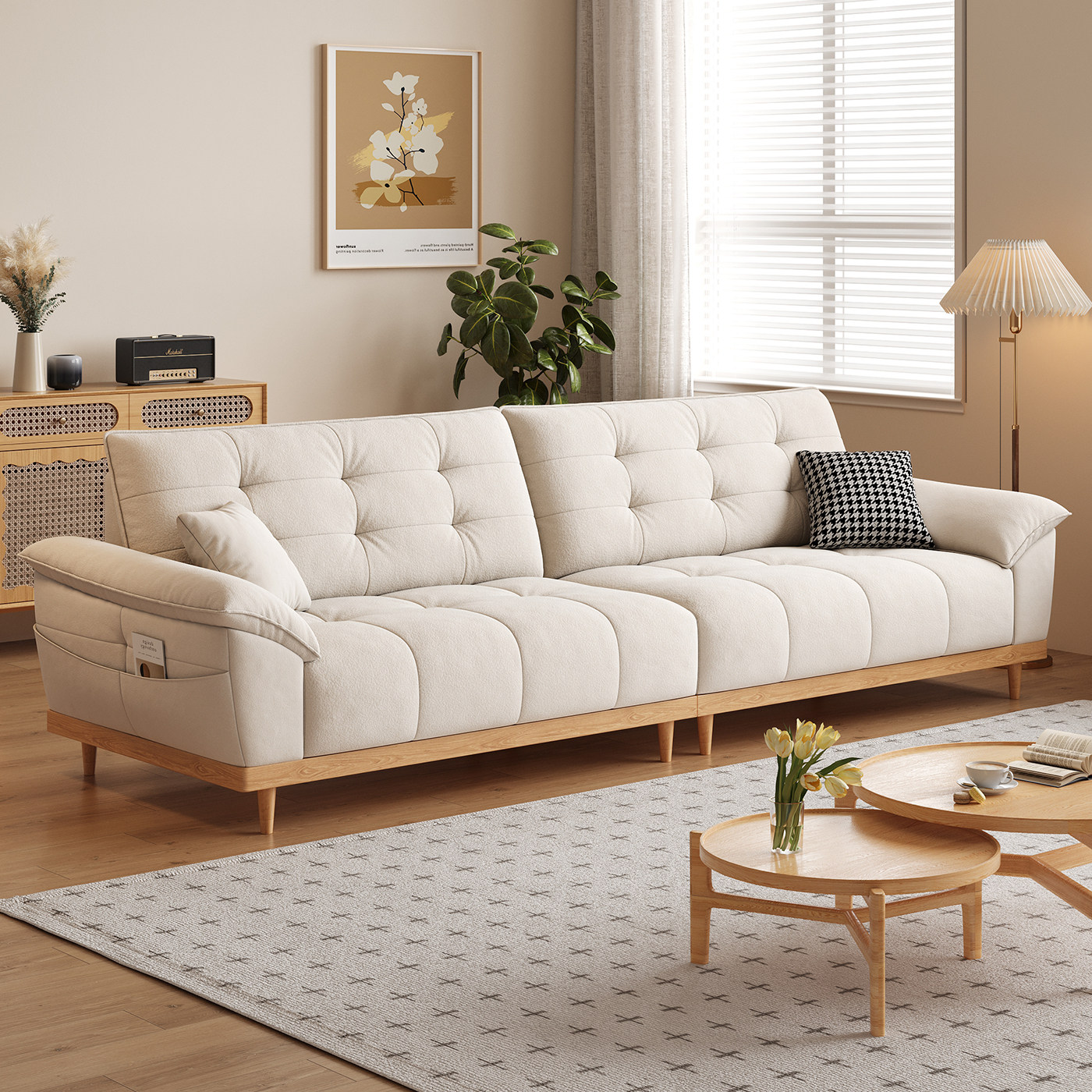 司朴原木奶油风云朵布艺沙发北欧日式小户型客厅直排雪尼尔布沙发