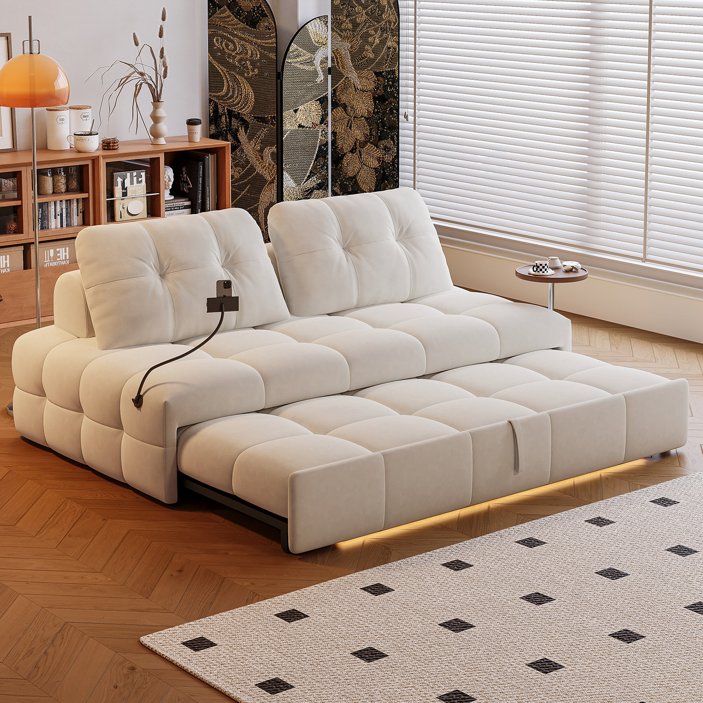 司朴奶油风客厅可伸缩折叠两用沙发床小户型书房抽拉双人布艺沙发