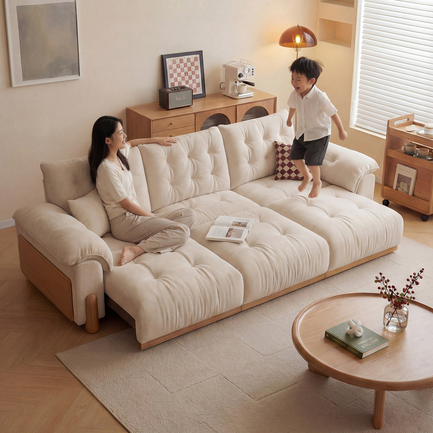 司朴中古风原木电动沙发床实木客厅直排多功能伸缩猫抓布艺沙发,住宅家具,功能沙发,淘宝优惠券,粉丝福利购,淘宝优惠卷