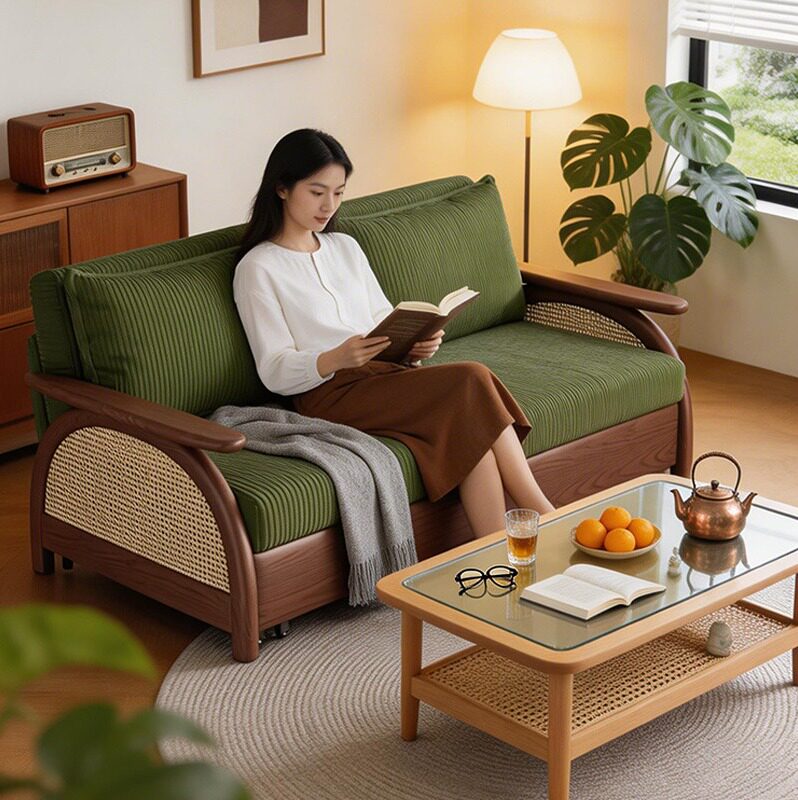 司朴复古灯芯绒藤编折叠沙发床客厅书房多功能一体两用双人小沙发
