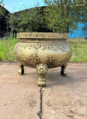 大型铸铁香炉户外室内家用祠堂案桌供奉双龙圆形平口大号插香香炉