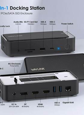 WAVLINK千兆RJ45带10Gbps M2 PCIe/SATA SSD外壳13合1USB C集线器