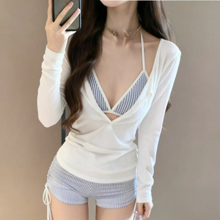 纯欲显瘦温泉海边度假泳衣女 带罩衫 学姐海军风}条纹比基尼长袖