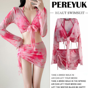 新款 度假沙滩泳装 韩国性感辣妹爆款 仙气游泳衣女bikini三件套长袖