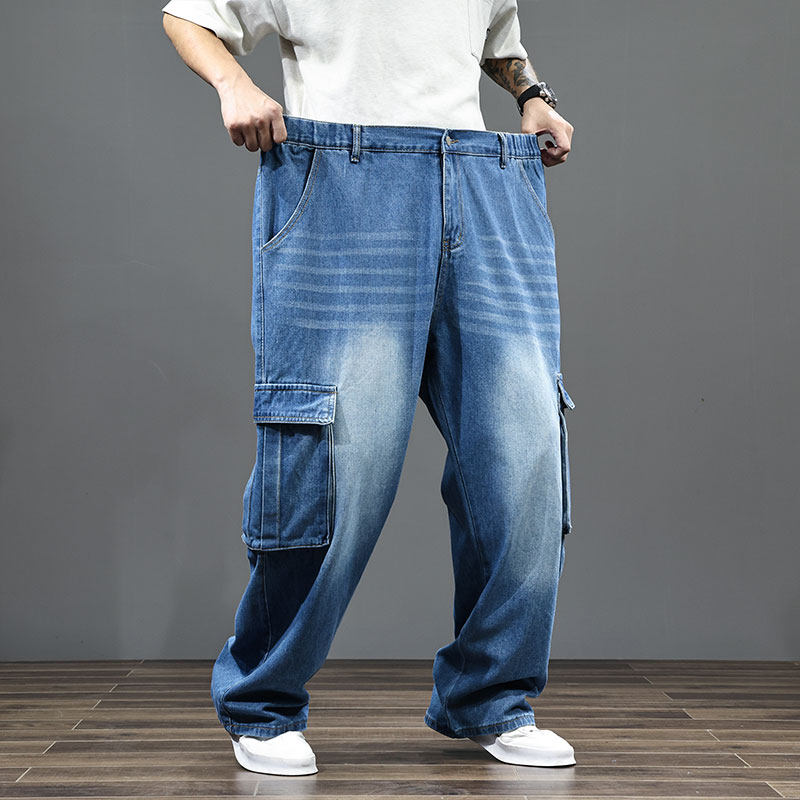 胖子400斤超大码工装裤浅蓝色牛仔裤男直筒弹力牛仔长裤胖哥牛仔