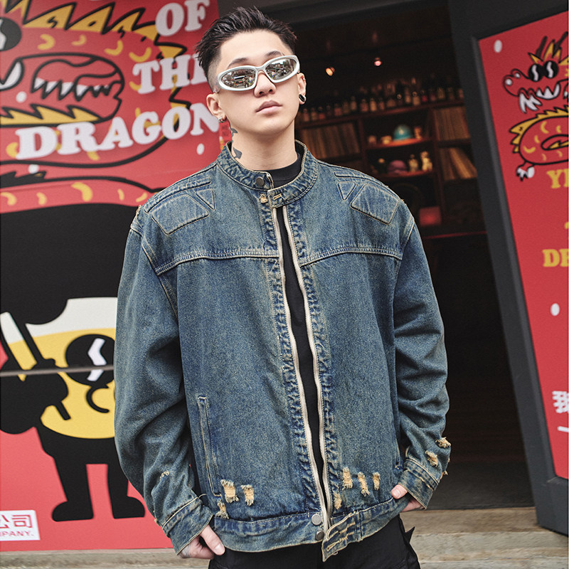 欧洲站男士牛仔夹克怀旧复古蓝修牛仔外套