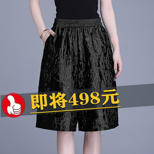 真丝短裤女夏季新款薄款妈妈新中式欧根纱提花休闲阔腿中裤五分裤