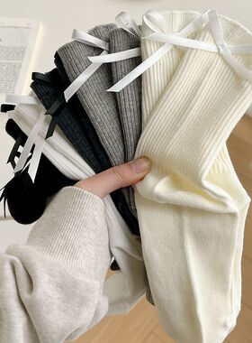 随便看看春夏新款奶白色JK袜子女中筒袜日系蝴蝶结百搭堆堆袜黑色