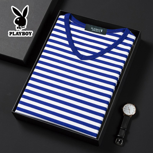 花花公子男士t恤海魂衫V领短袖修身纯棉潮流蓝白条纹鸡心领半袖夏