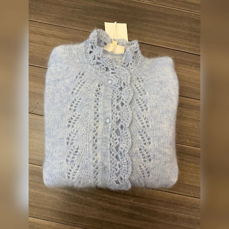 thumbnail for chao love! High-end beautiful knitted top, winter gray-blue semi-turtleneck openwork raccoon fleece sweater, cardigan girl